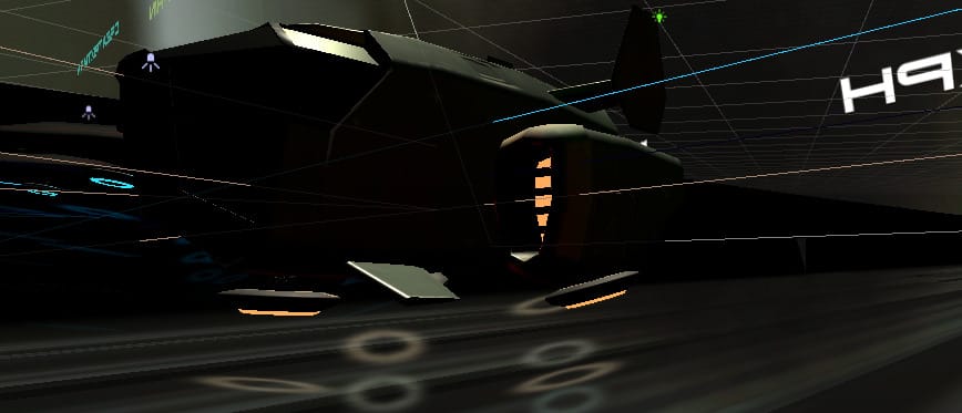 Screenshot of the underside of a hovercraft, with debug lines showing the plane of 'gravityScreenshot of the underside of a hovercraft, with debug lines showing the plane of 'gravity'