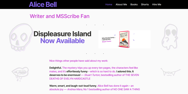 A screenshot of alicebellauthor.com, showcasing Alice's latest book. There are cute ghosts and skulls on the side of the page