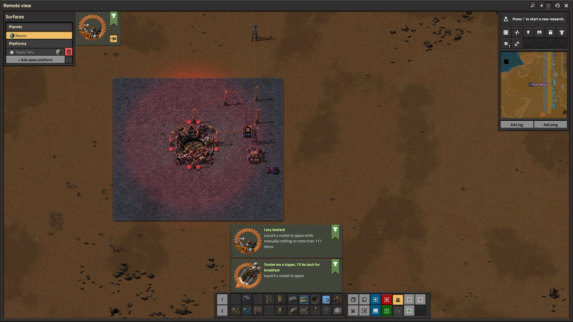 A screenshot of factorio, the player is standing near a rocket silo. 2 achievements are on screen. “Lazy bastard -  Launch a rocket to space while manually crafting no more than 111 items”, and “Smoke me a kipper, I'll be back for breakfast: Launch a rocket to space”