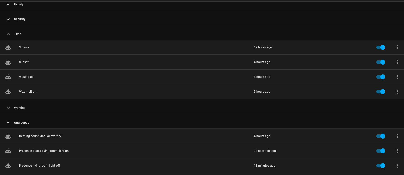 A list of automations in Home Assistant, grouped into Family, Security, Time, Warning and Ungrouped