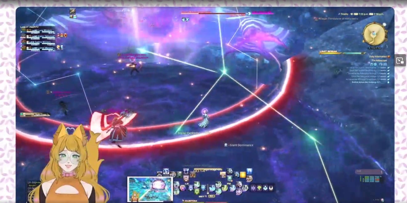 A screenshot of Final Fantasy 14, with an Earthly Star skill going off. The bottom left corner has a foxgirl vtuber