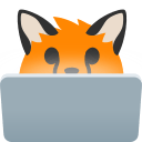 Pixel art animation of a blob fox with a computer expression.