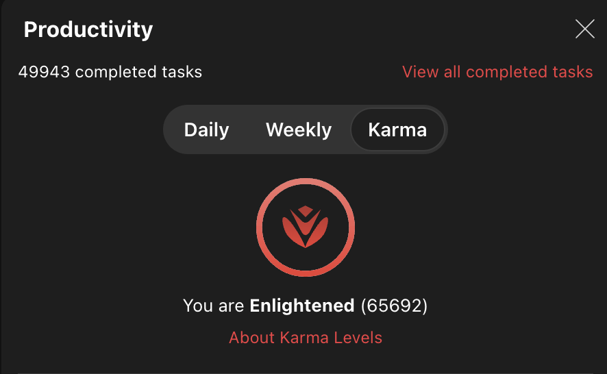 A screenshot of the Todoist application, showing 49,943 completed tasks, with my Karma level as Enlightened.