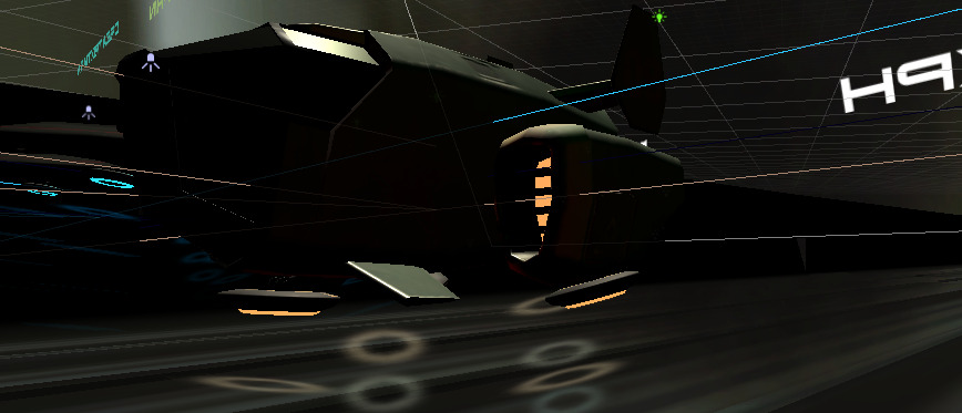 Screenshot of the underside of a hovercraft, with debug lines showing the plane of 'gravity'