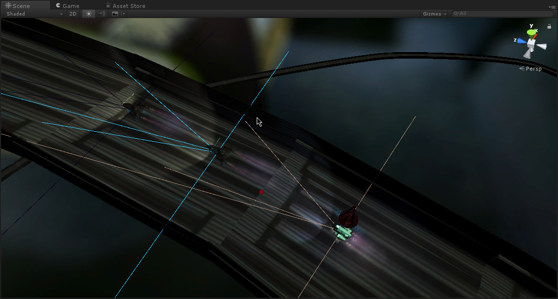 A debug Unity window, showing visible raycast lines coming from dark spots where the hovercraft are.